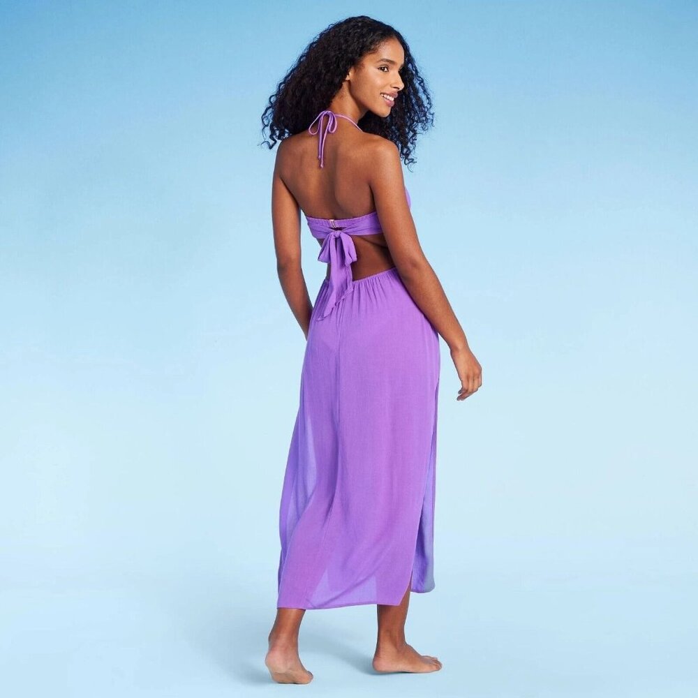 Shade & Shore Large 12-14 Purple Side Cut Outs Halter Midi Cover Up Swim Dress - Picture 2 of 5